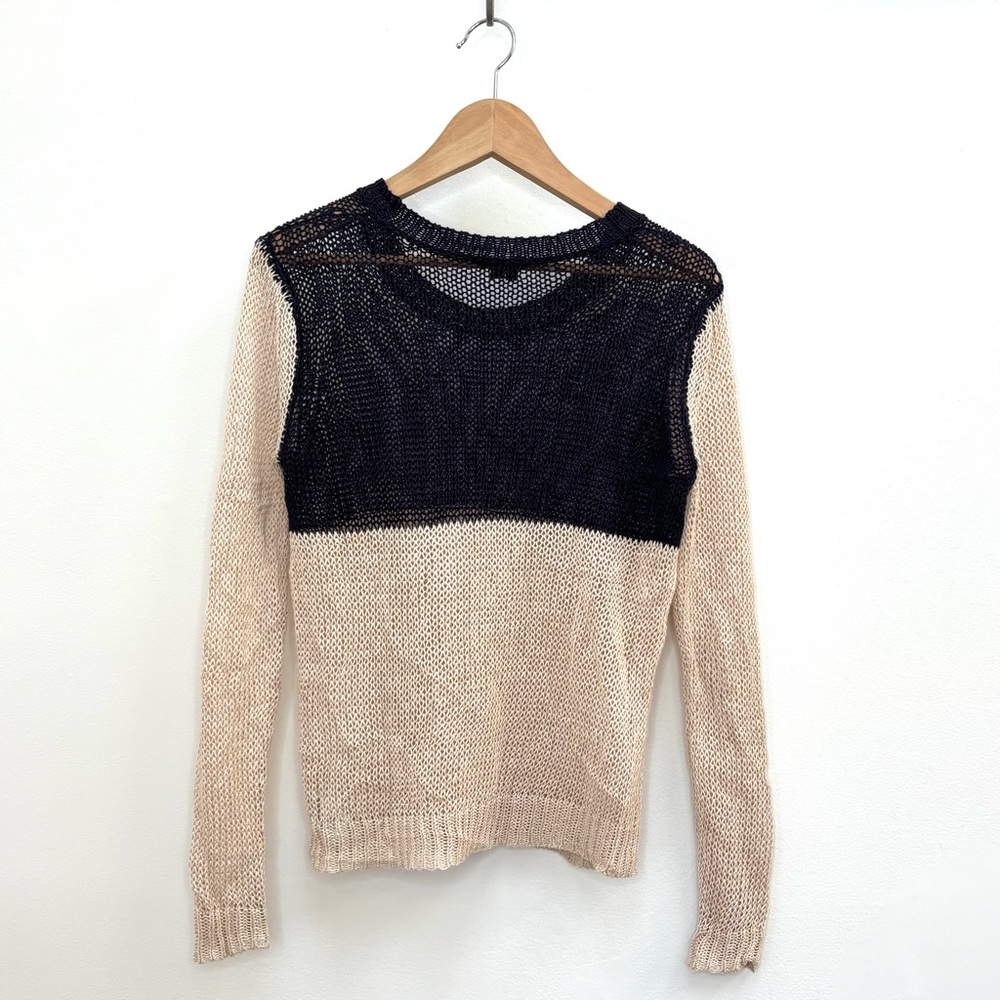 Theory Adoncia Dedalo Linen Open Knit Colorblock Sweater Navy Beige Size Small - Picture 4 of 10